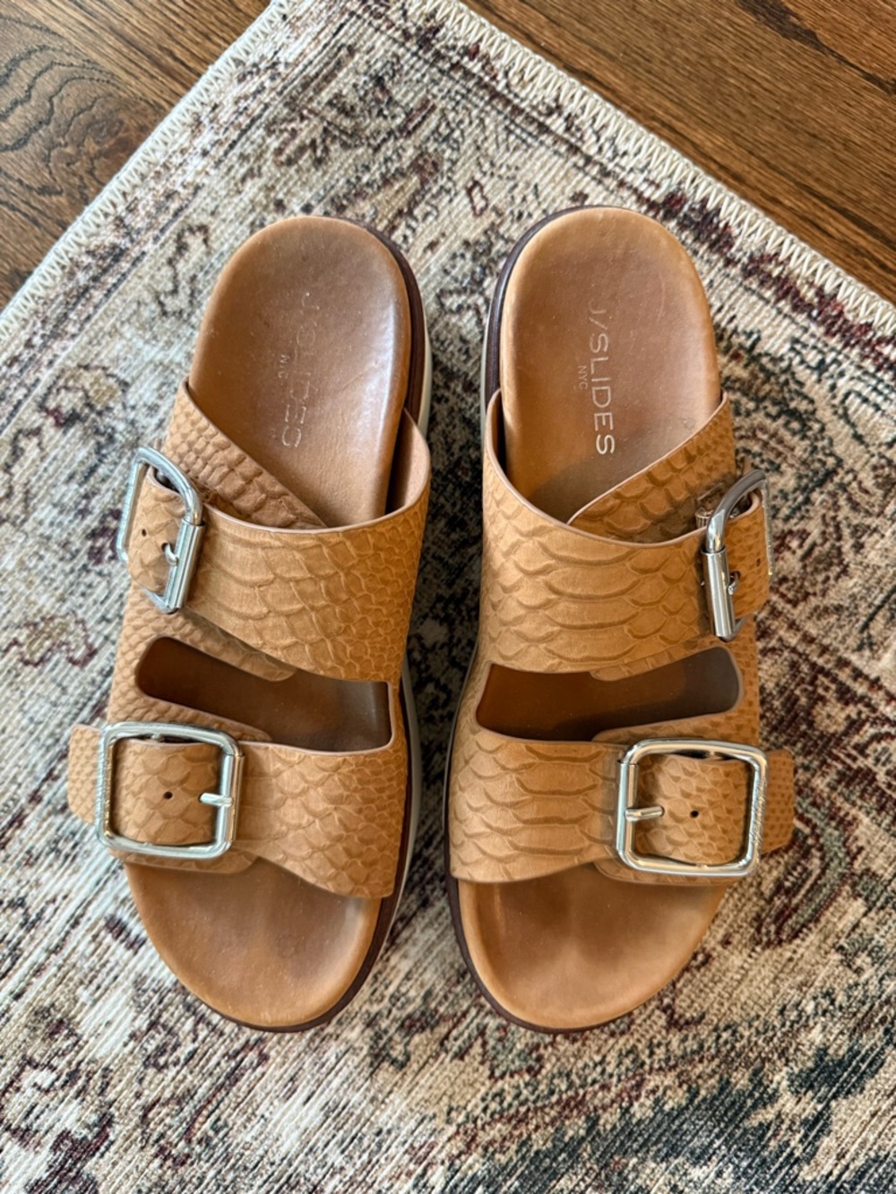 J Slides Tan Textured Double-Buckle Slide Sandals